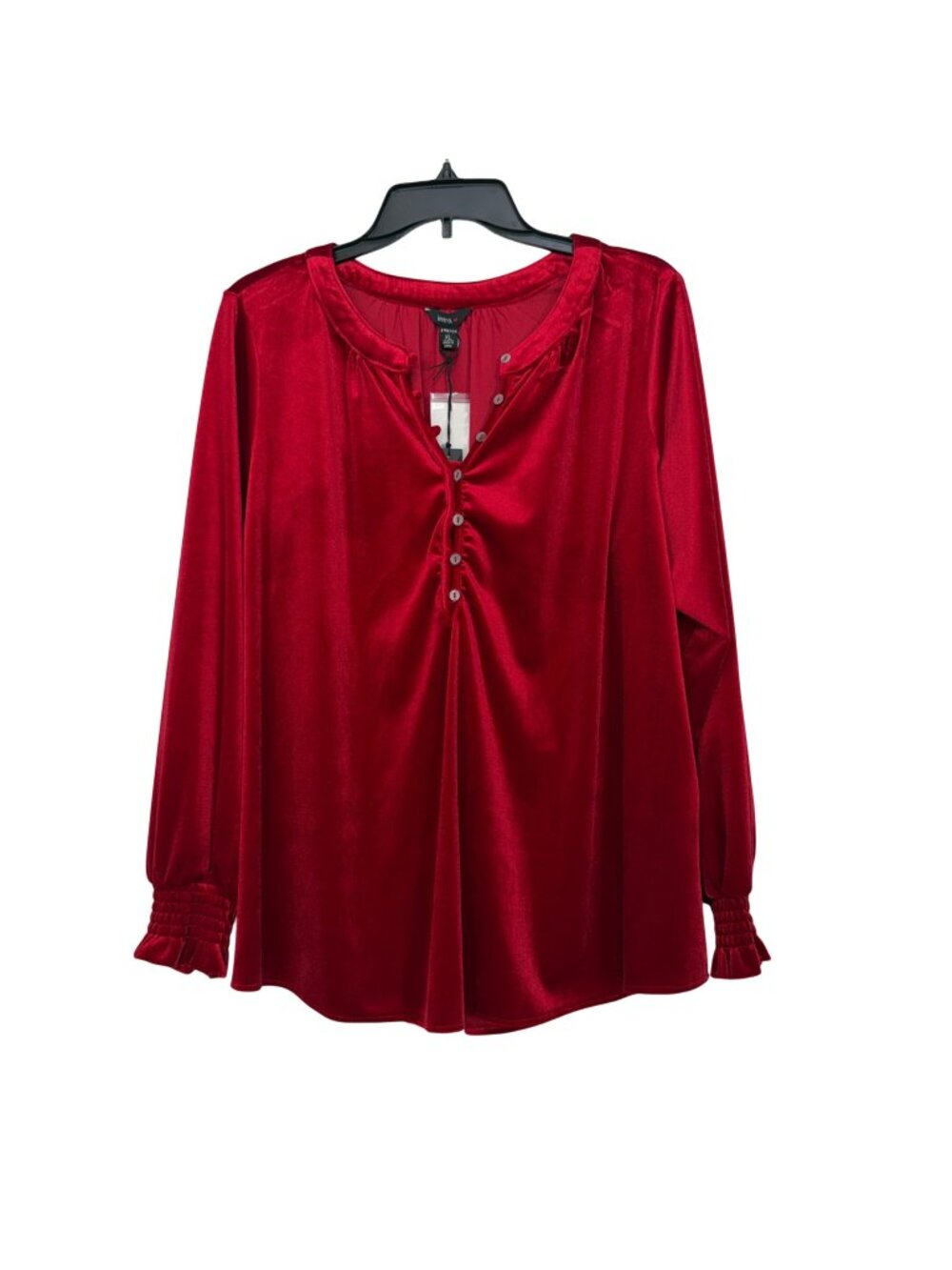Intro Womens Red Velvet Long Sleeve Half Button-Front Top Size XL Stretch